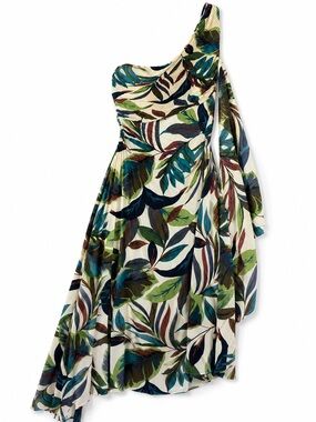Nicole Miller New York One Shoulder Tropical Print Midi Dress Size 12